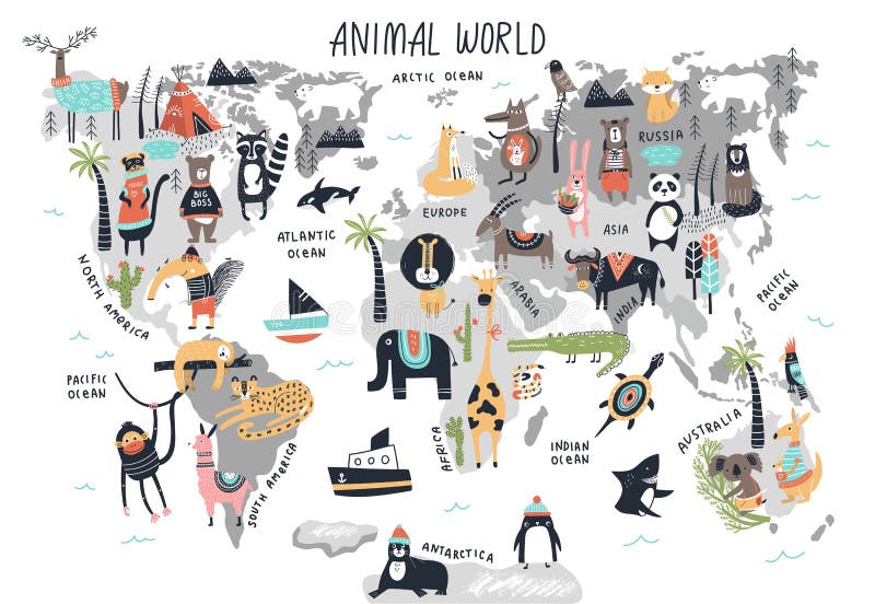 动物界地图-逗人喜爱的在斯堪的纳维亚样式的动画片手拉的托儿所印刷品 也corel凹道例证向量 皇族释放例证